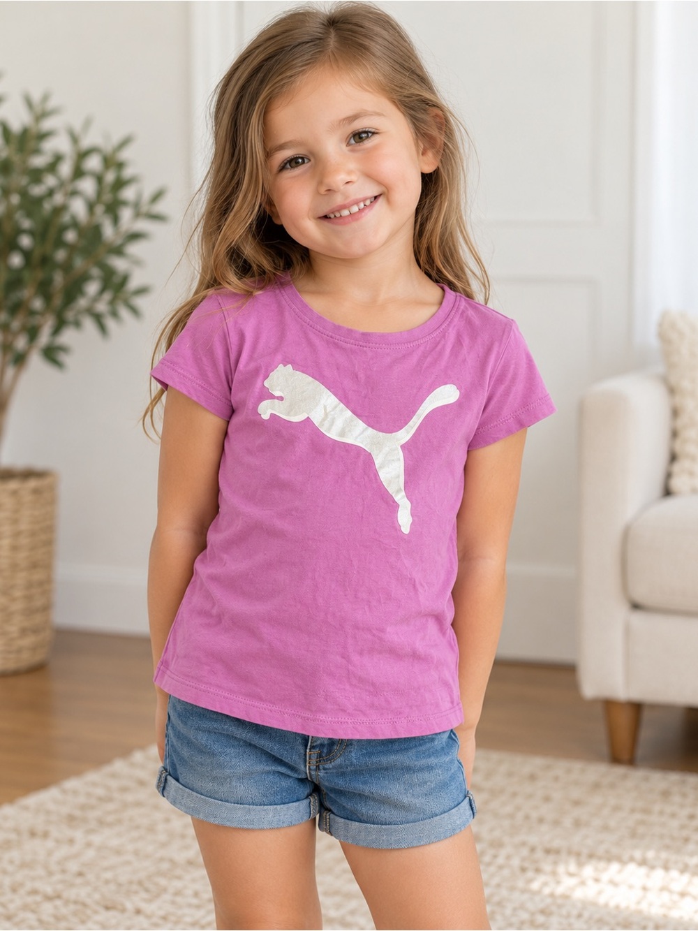 Puma Girls Size 5 Pink Purple Metallic Logo T-Shirt Athletic Casual Tee